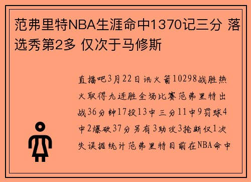 范弗里特NBA生涯命中1370记三分 落选秀第2多 仅次于马修斯