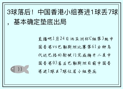 3球落后！中国香港小组赛进1球丢7球，基本确定垫底出局