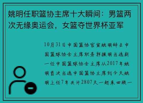 姚明任职篮协主席十大瞬间：男篮两次无缘奥运会，女篮夺世界杯亚军