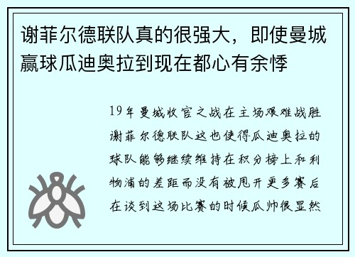谢菲尔德联队真的很强大，即使曼城赢球瓜迪奥拉到现在都心有余悸