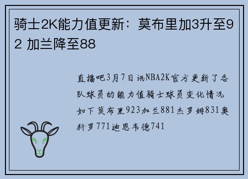 骑士2K能力值更新：莫布里加3升至92 加兰降至88